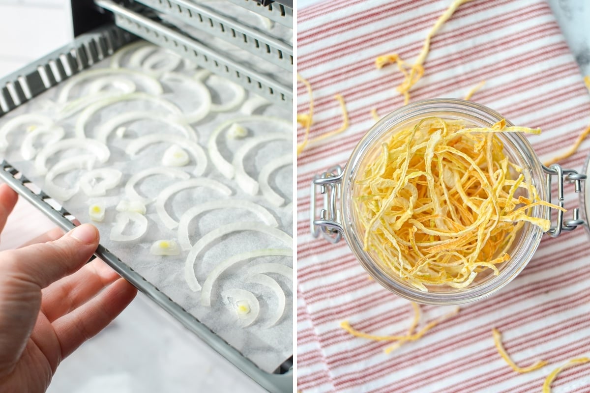 Adding a tray of onion slices to a dehydrator.