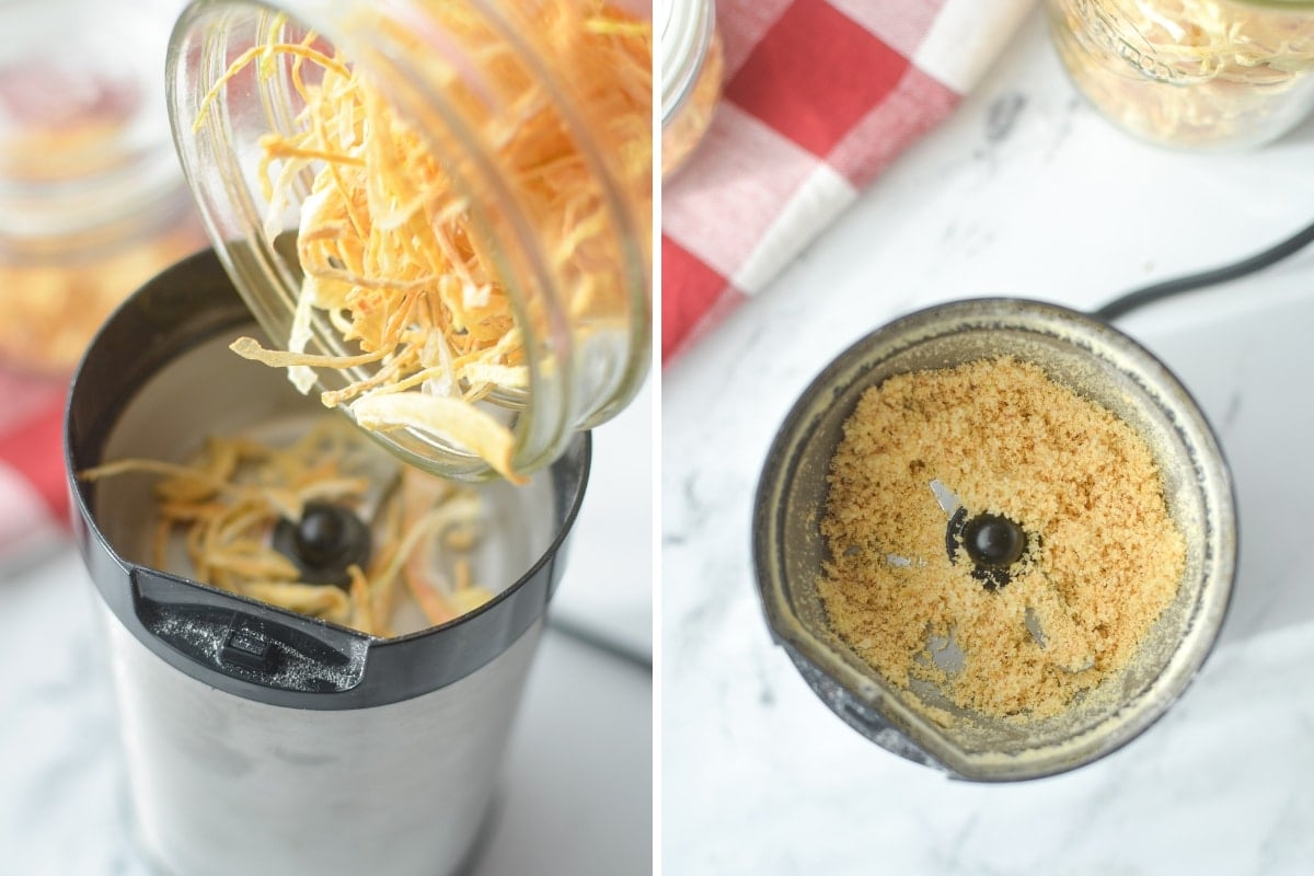 Adding onion pieces to a coffee grinder to grind to a powder.