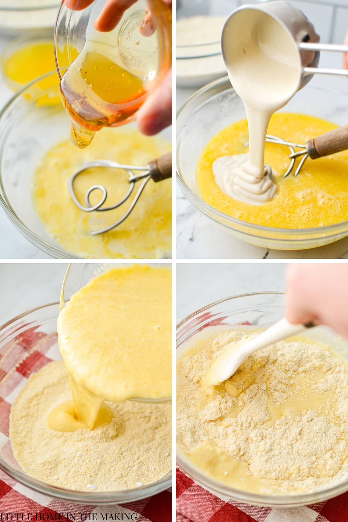 Adding honey and sourdough discard to a corn muffin batter.