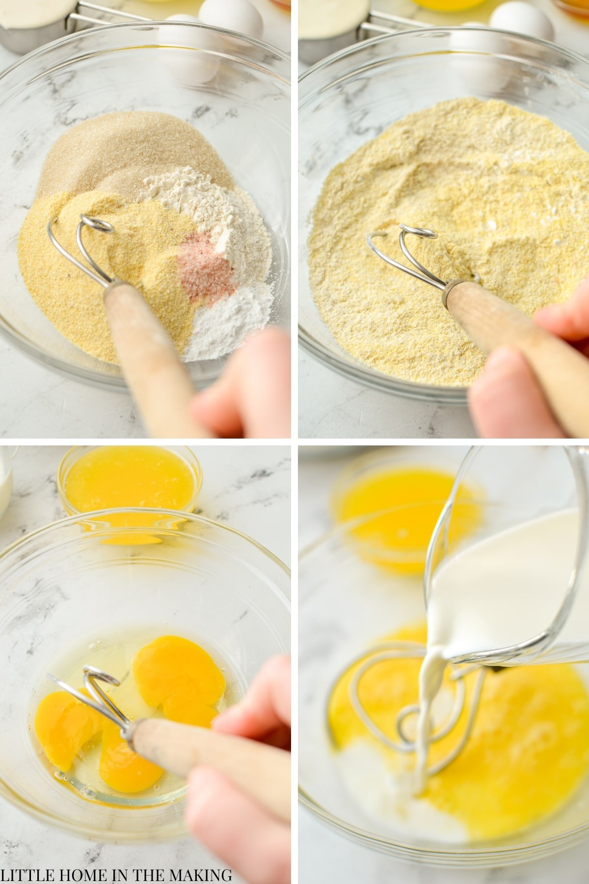 Whisking together dry ingredients, and then eggs and milk in another bowl.