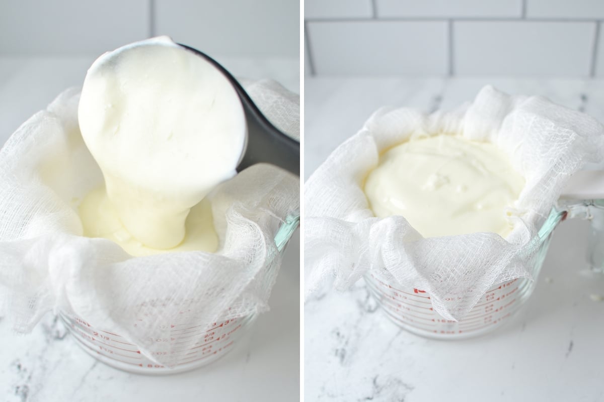 Adding yogurt to a cheesecloth lined strainer.