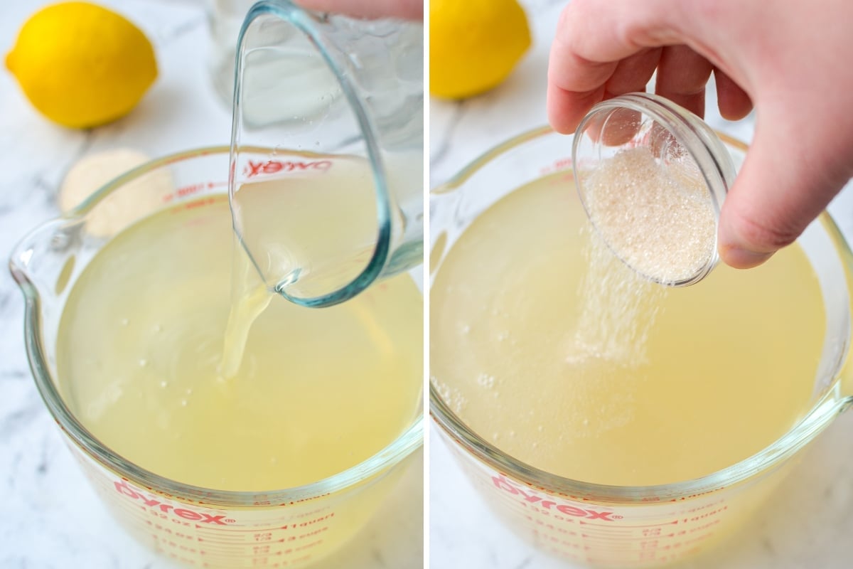 Adding lemon juice and sugar to a mixture of water kefir.