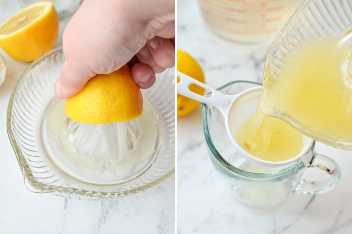 Juicing a lemon on a glass citrus juicer.