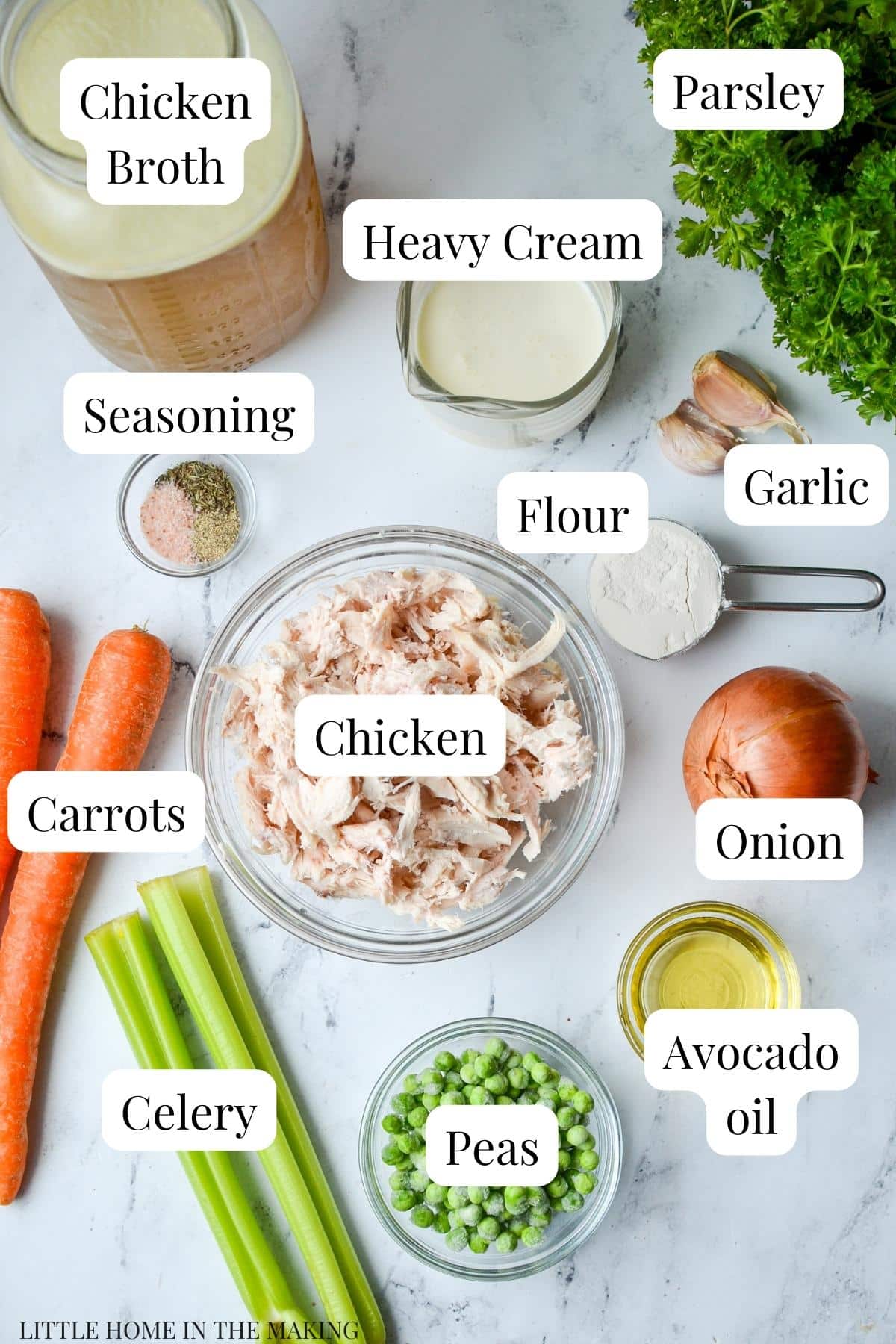 The ingredients needed to make chicken stew: cooked chicken, broth, aromatics, etc.