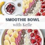 A smoothie bowl topped with fruit.