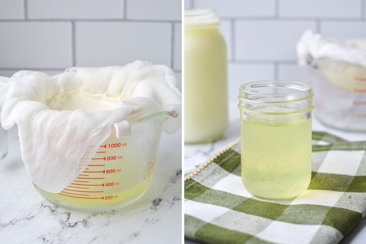 Straining yogurt with cheesecloth, then a small jar of leftover whey.