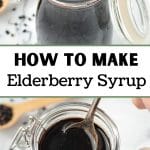 A spoon taking a portion of elderberry syrup from a jar.