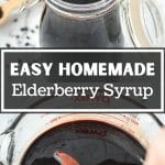 Stirring a large bowl of elderberry syrup with a wooden spoon.