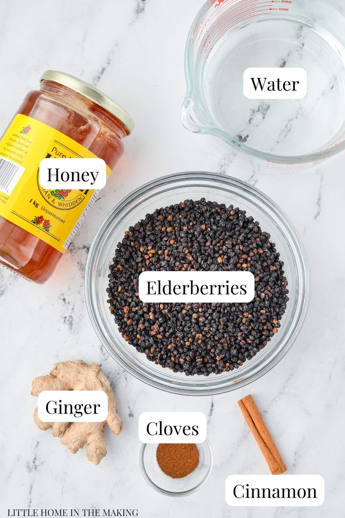 The ingredients needed to make elderberry syrup: dried elderberries, honey, water, ginger, cloves, and cinnamon. 
