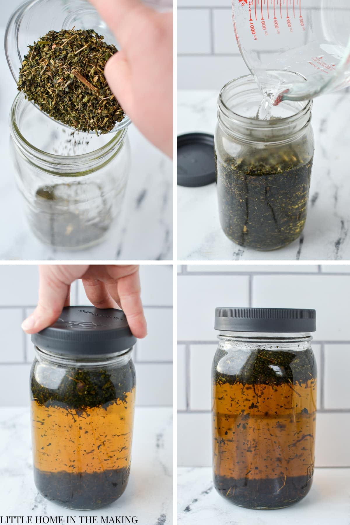 Adding water to dried herbs in a quart jar.