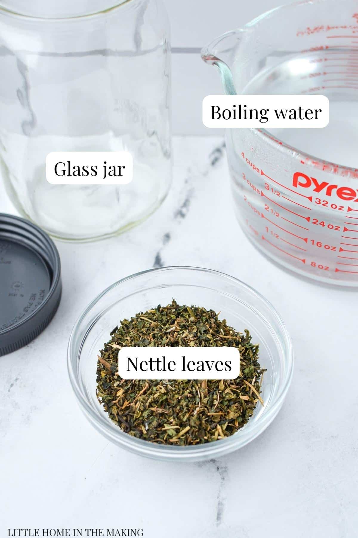 The ingredients needed to make a nettle infusion.