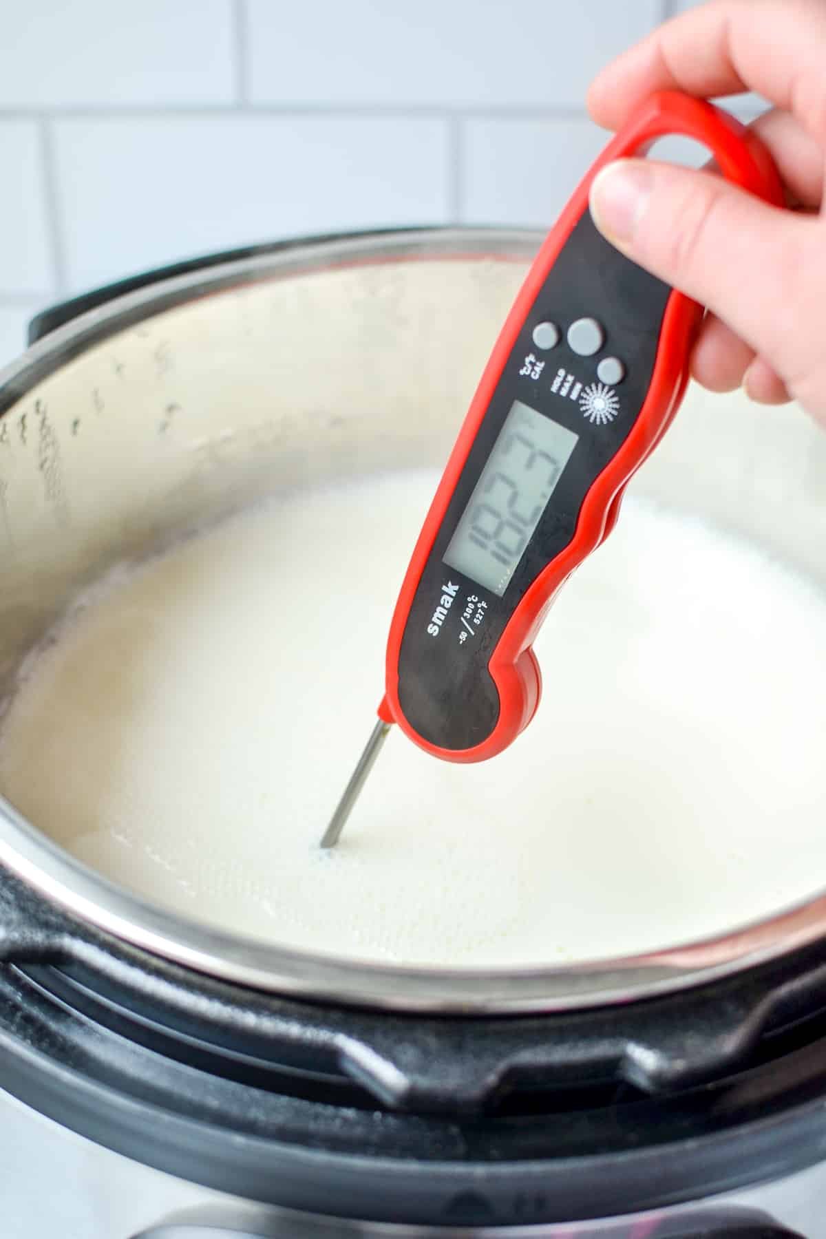 Checking the temperature of milk in an Instant Pot.