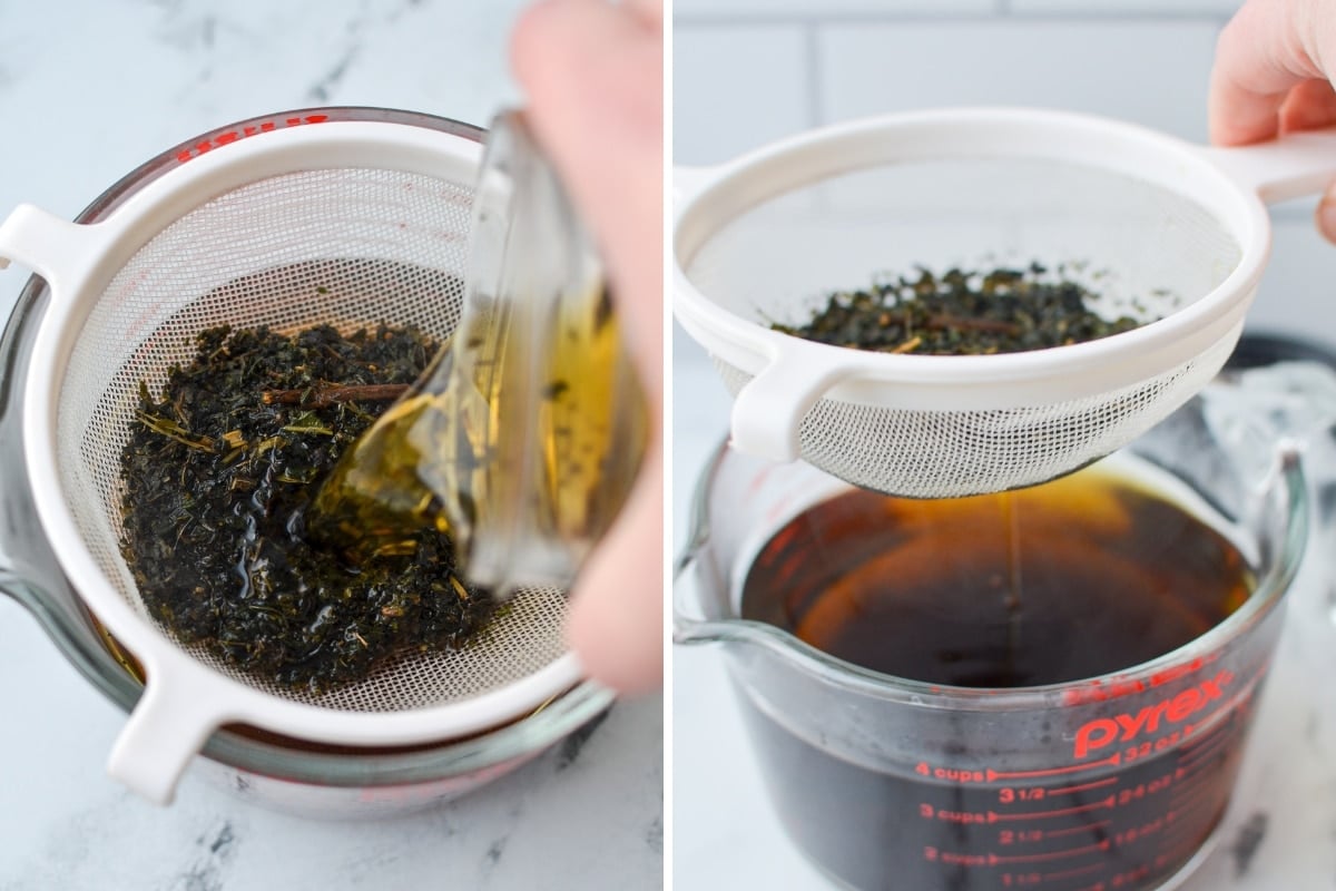 Straining steeped herbs in a strainer.