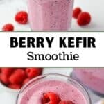 A glass filled with a fruit smoothie and topped with fresh raspberries.