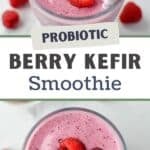 A glass filled with a berry smoothie and topped with fresh raspberries.