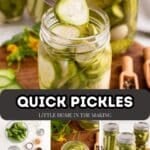 A fork retrieving a pickle slice from a jar of dill pickles. The text reads: "Quick pickles."