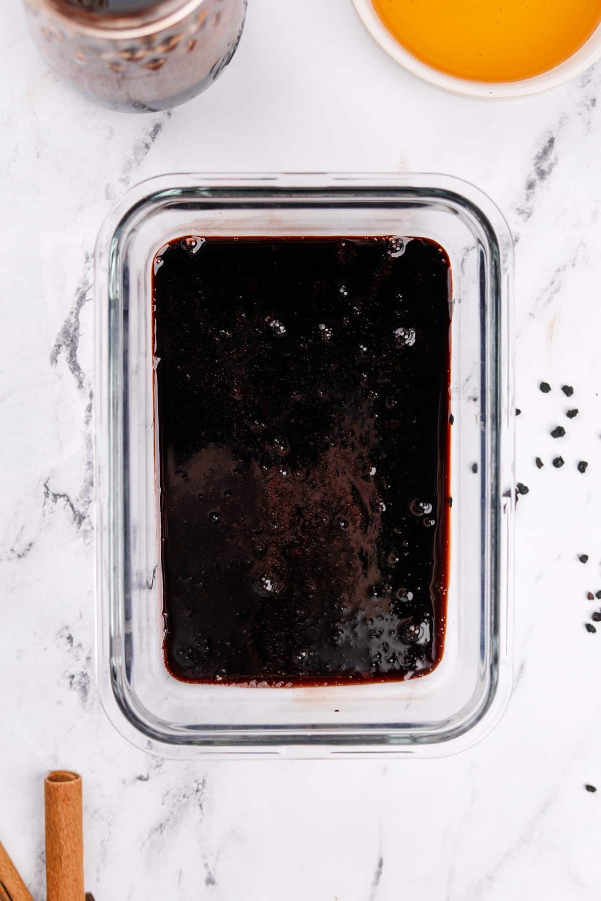 Gelatinous liquid poured into a glass container.