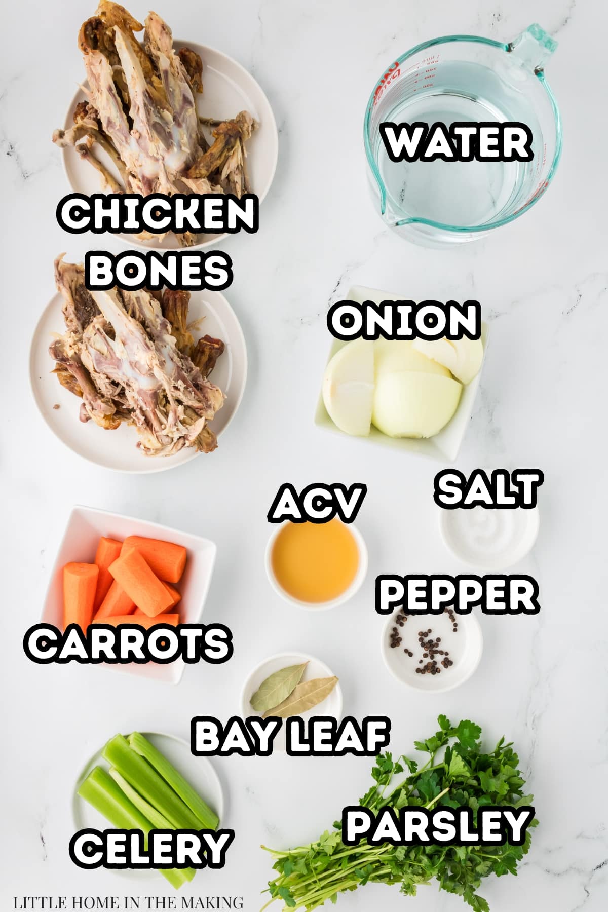 The ingredients needed to make bone broth: bones, carrots, celery, bay leaf, parsley, onion, salt, pepper, acv, and water.