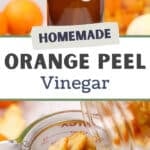 A spray bottle with oranges in the background. The text box reads: "homemade orange peel vinegar."