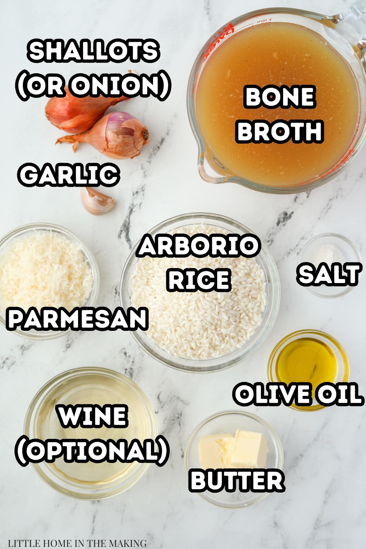 The ingredients needed to make risotto: arborio rice, butter, parmesan, broth, olive oil, wine, etc.