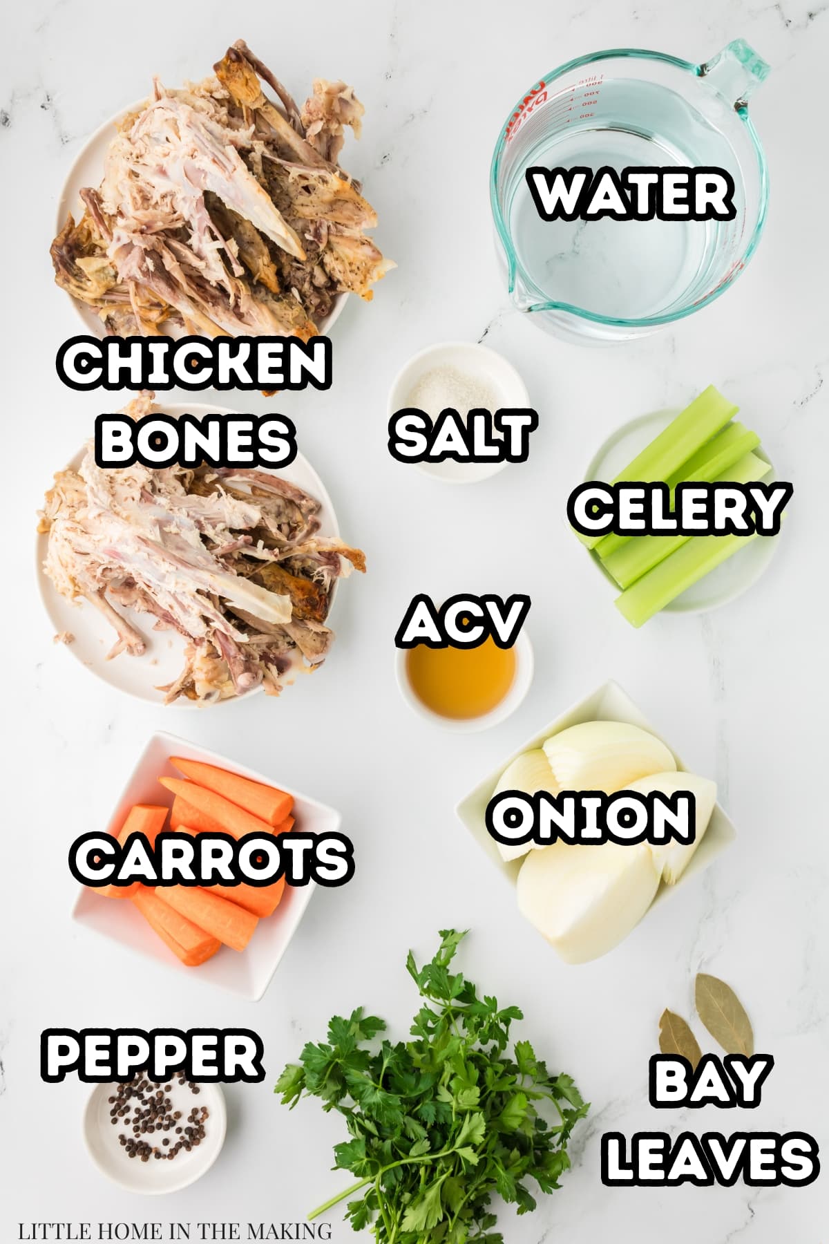 The ingredients needed to make bone broth: chicken bones, carrots, celery, salt, apple cider vinegar, onions, etc.