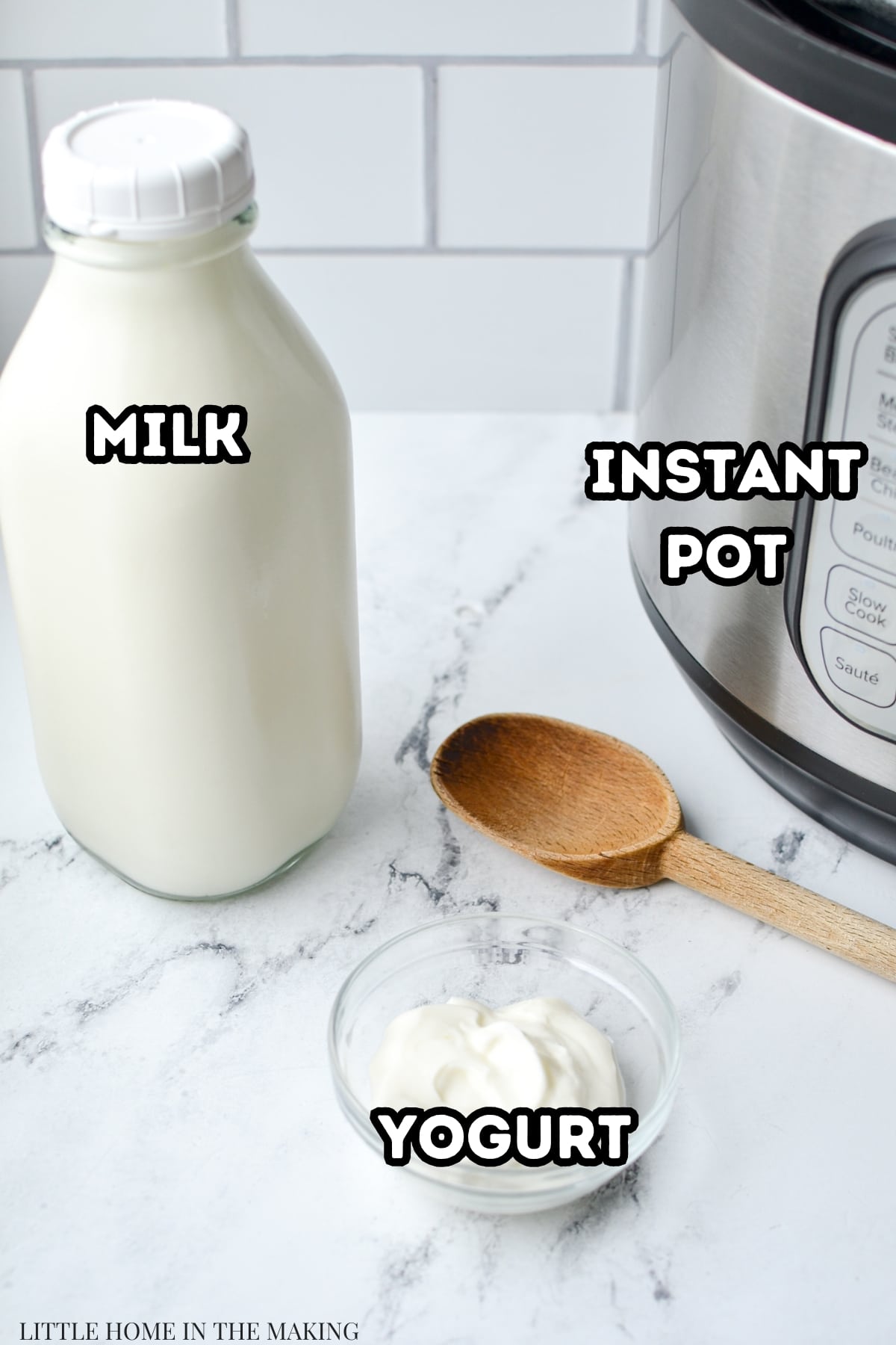 A jug of milk, some yogurt in a bowl, and an Instant Pot in the background.