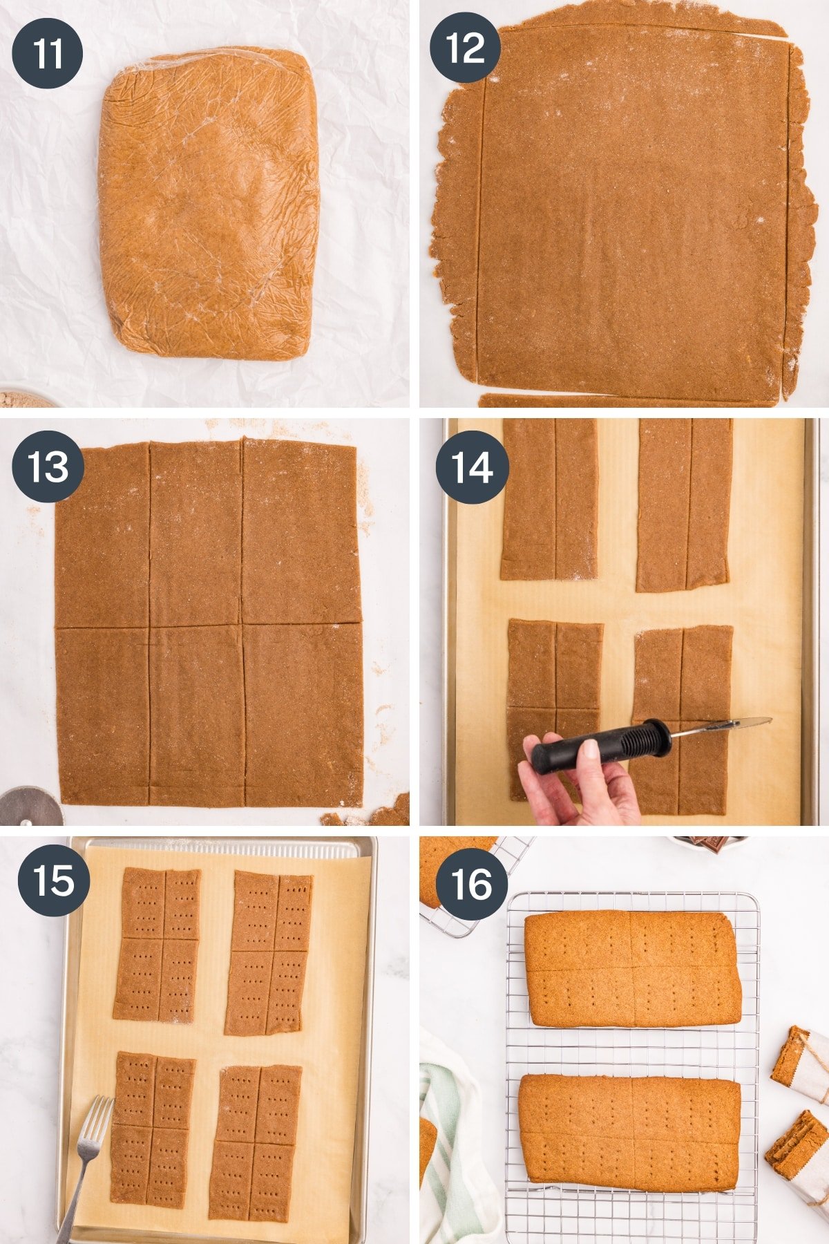 Rolling dough into a rectangle and then cutting them into smaller rectangles.