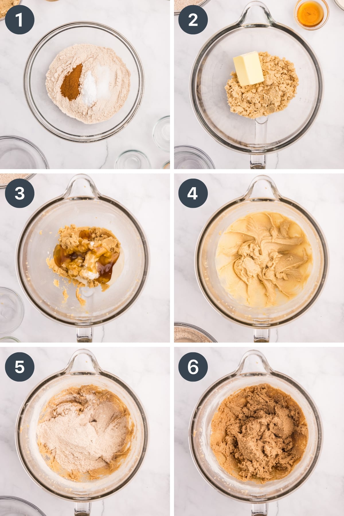 Adding butter, honey, and other ingredients to a dough in a glass bowl.