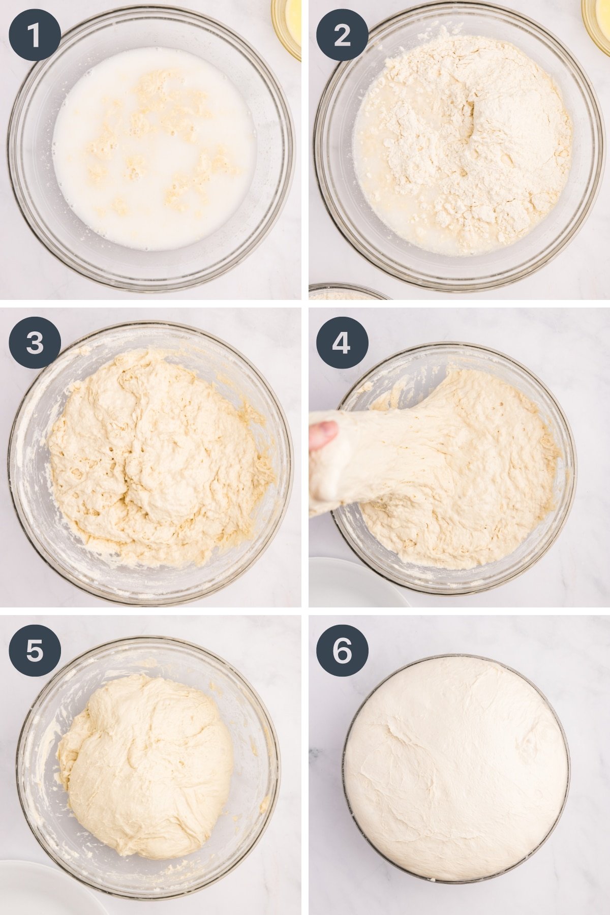 A bowl with dough inside, showing a series of stretch and folds, then a proofed dough.
