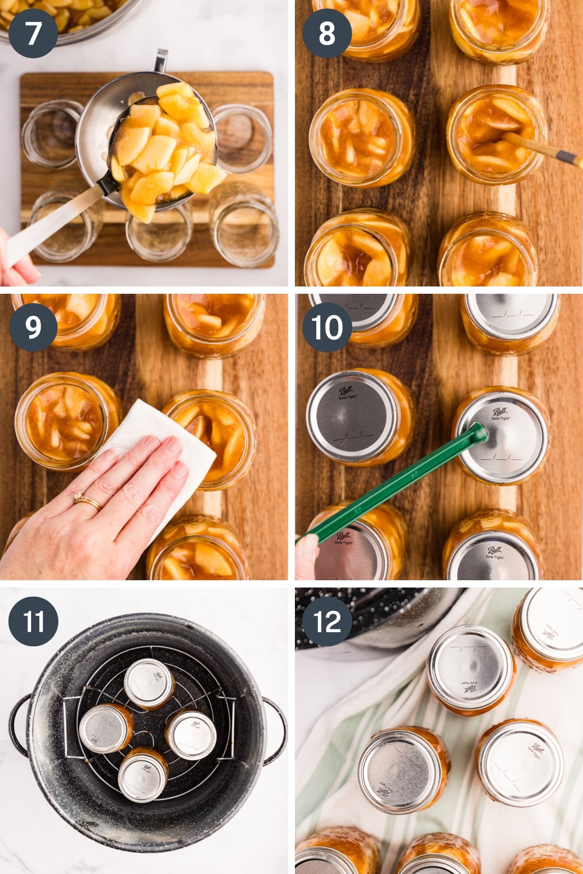 Canning apple pie filling by adding it to hot jars and processing it in a boiling water bath.
