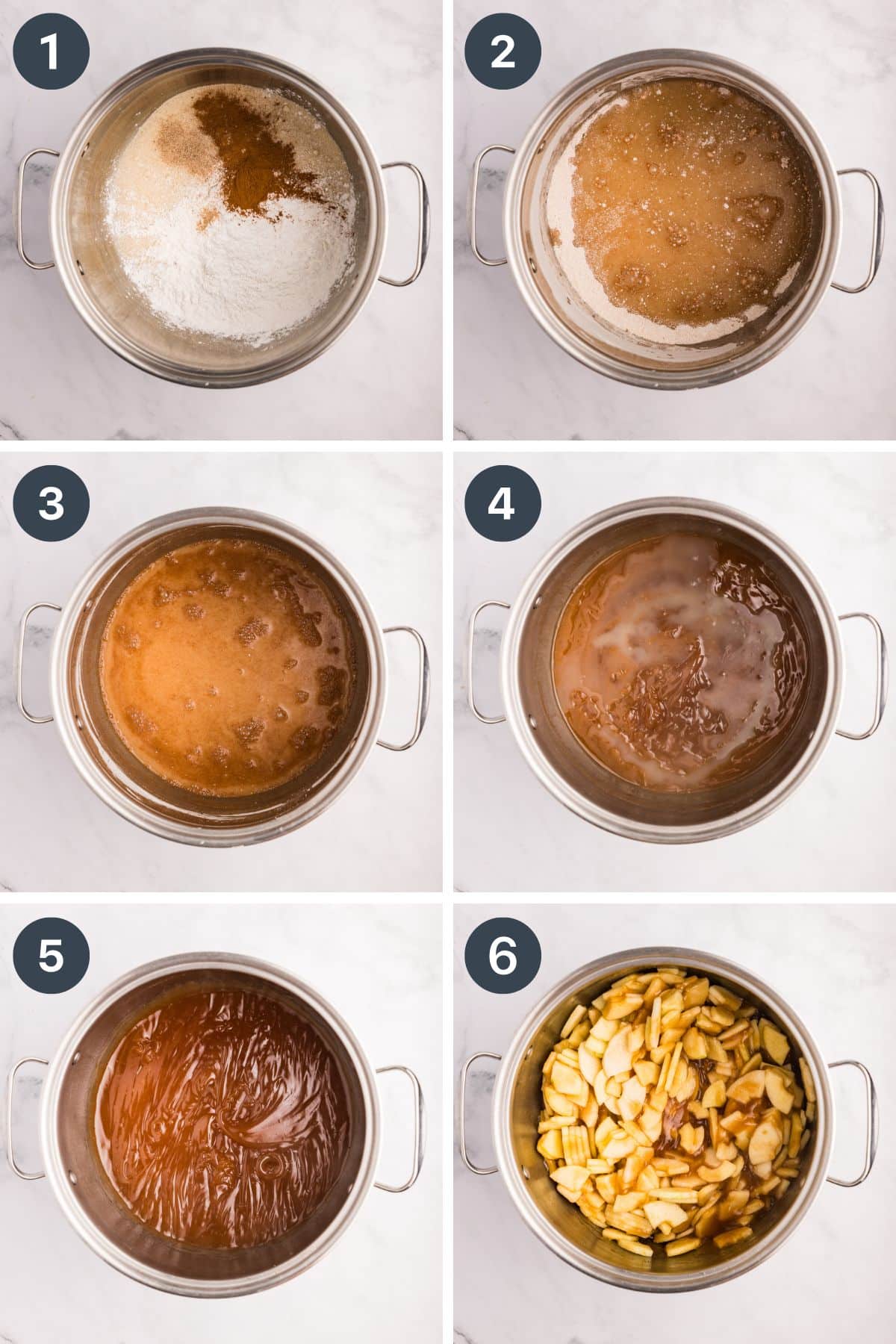 A stockpot filled with apple pie filling.