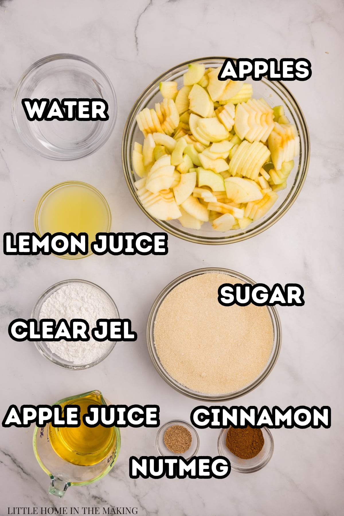 The ingredients needed to make apple pie filling for canning: clear jel, lemon juice, apple juice, sugar, apples, etc.