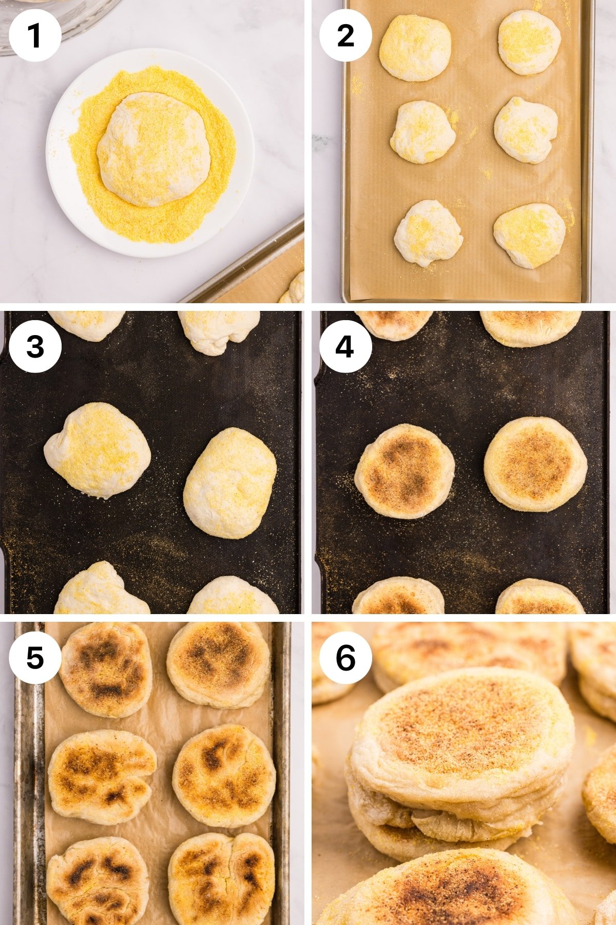 Adding shaped dough to a griddle and cooking until browned on both sides.