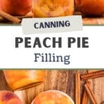 Several jars of peach pie filling, surrounded by fresh peaches.