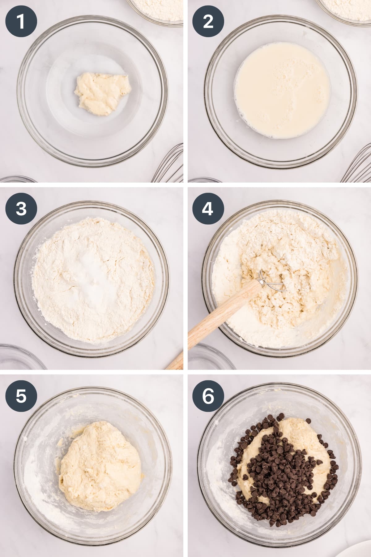 Making the dough for sourdough bread by combining water and sourdough starter, then adding in flour and salt until it comes together.