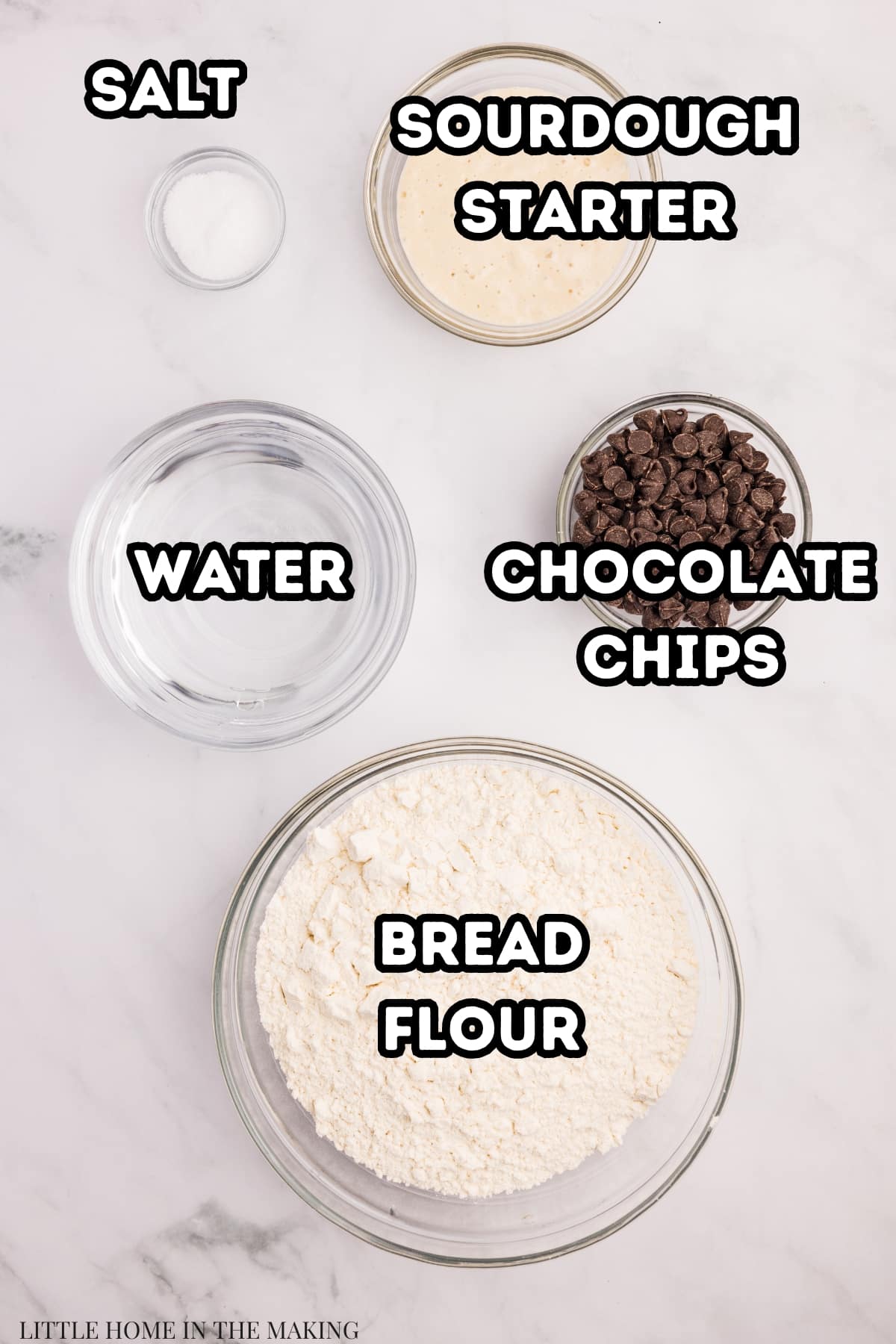 A bowl of flour, and others that contain chocolate chips, water, sourdough starter, and salt.