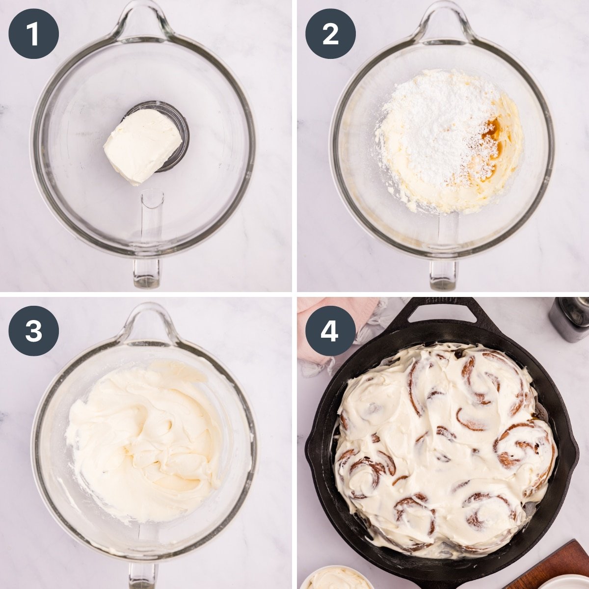 Combining cream cheese and powdered sugar to make a cinnamon roll frosting.