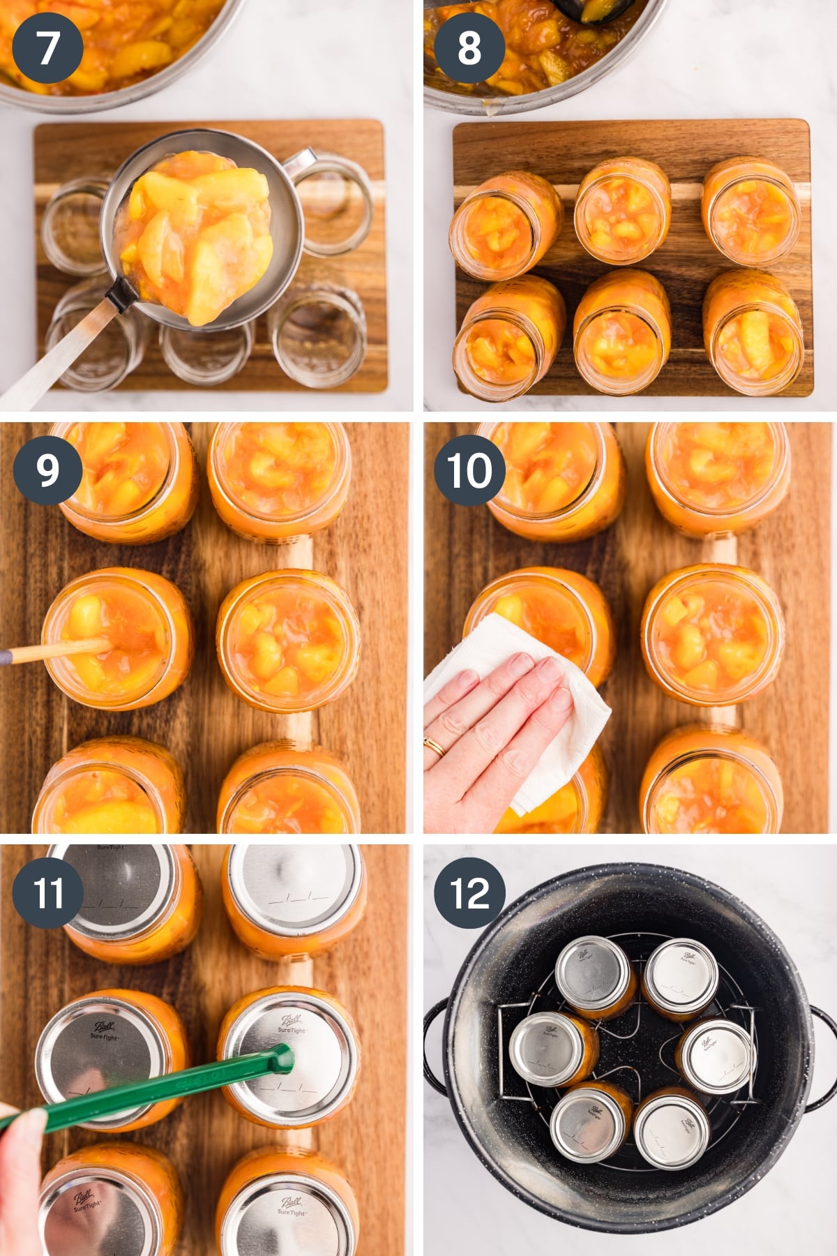 Preparing jars of pie filling for canning, by wiping the rims, placing lids and rings on, and adding to a hot water bath.