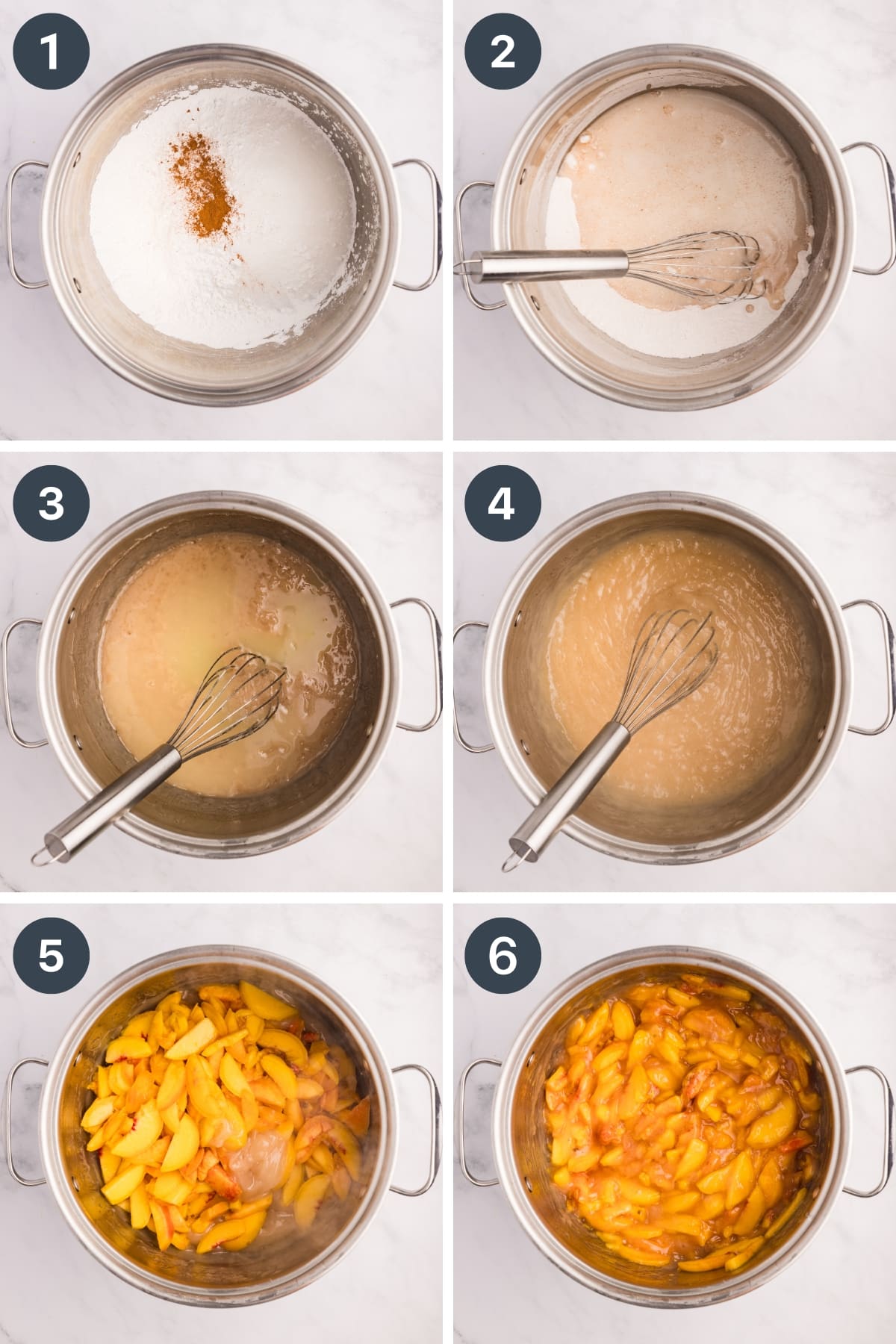 Combining ClearJel, sugar, and fresh peaches to make pie filling.