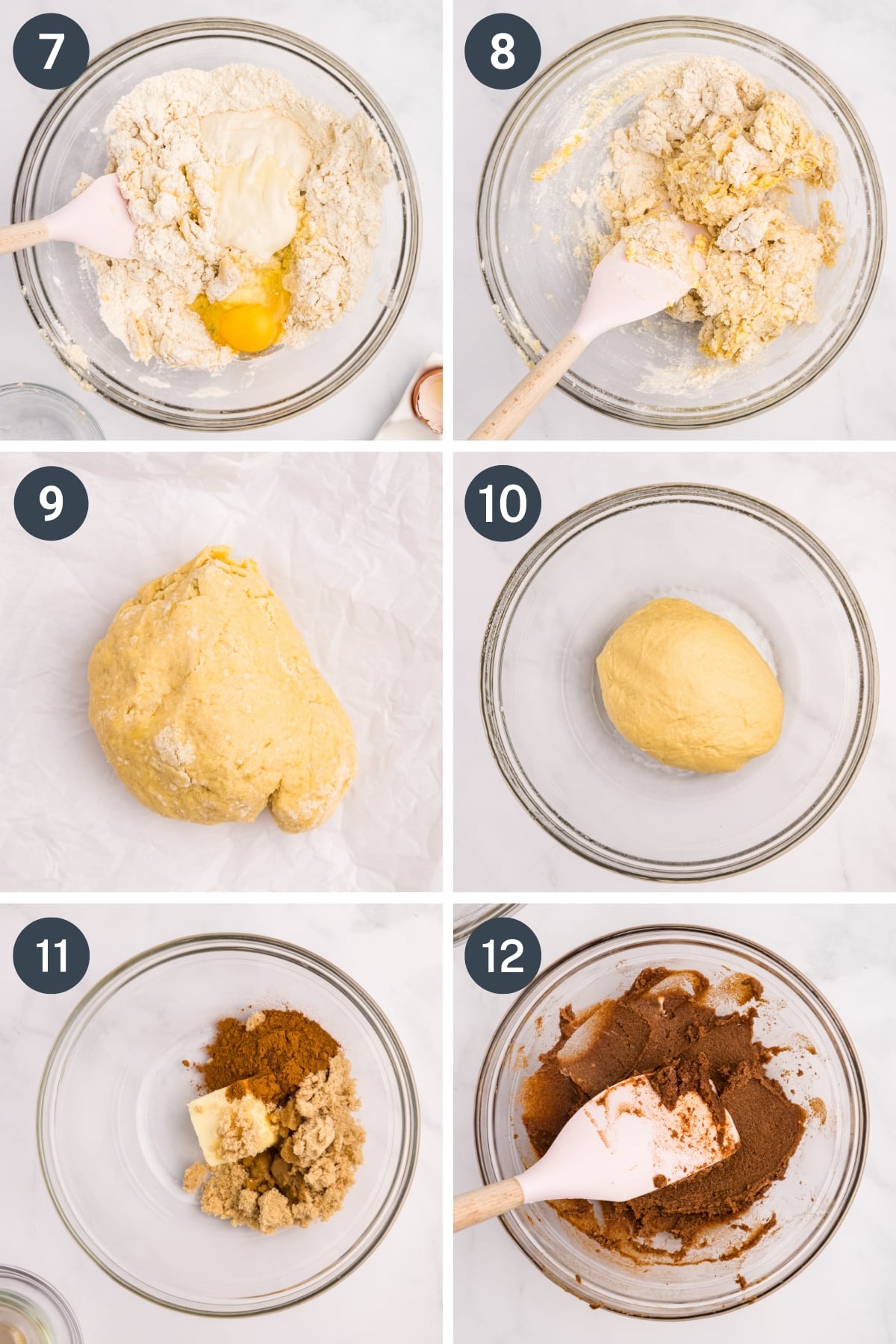 Adding egg and sourdough discard to a soft dough to form cinnamon roll dough.