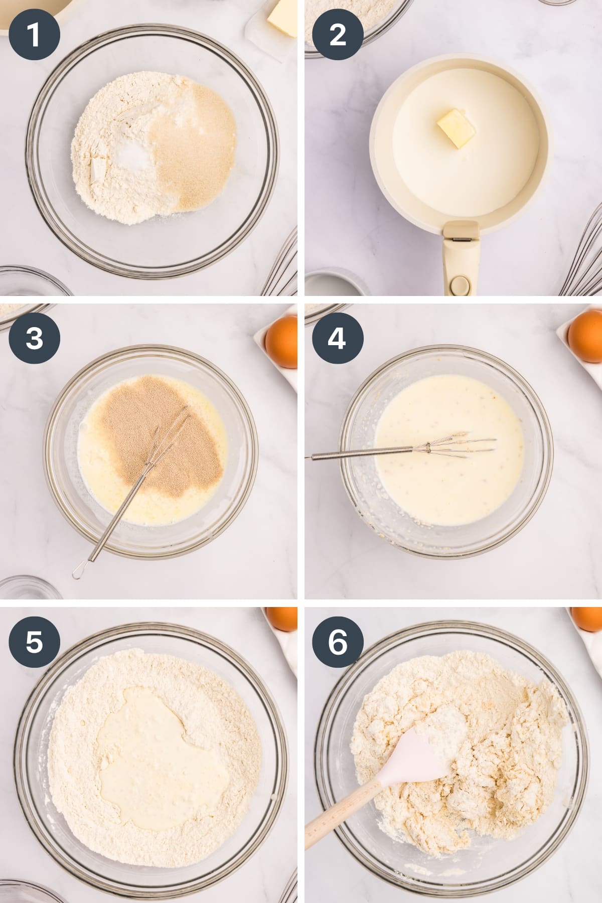 Warming milk and butter and forming a soft dough by adding flour, sugar, and salt.