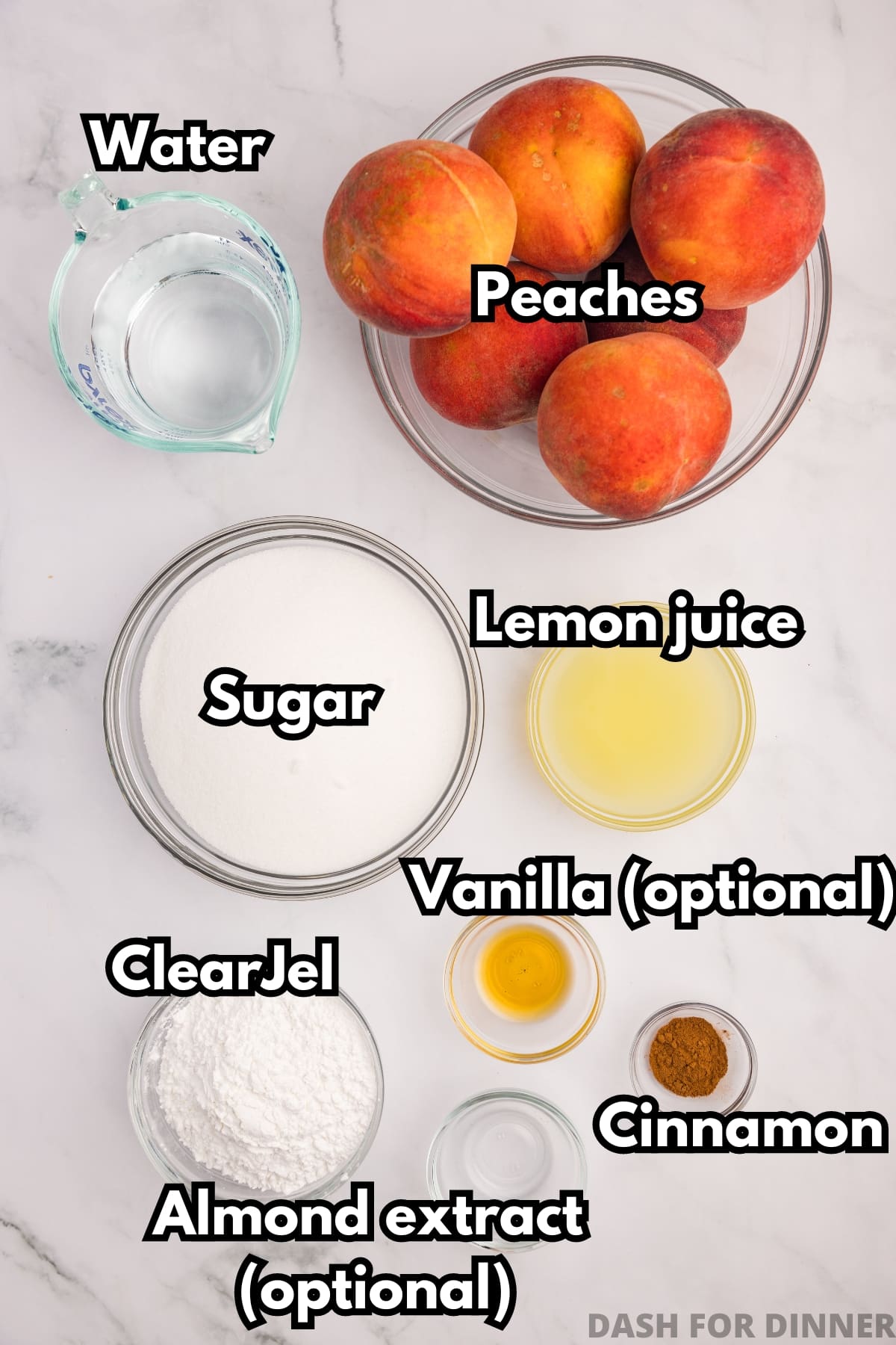 The ingredients needed to make peach pie filling: sugar, lemon juice, fresh peaches, ClearJel, etc.