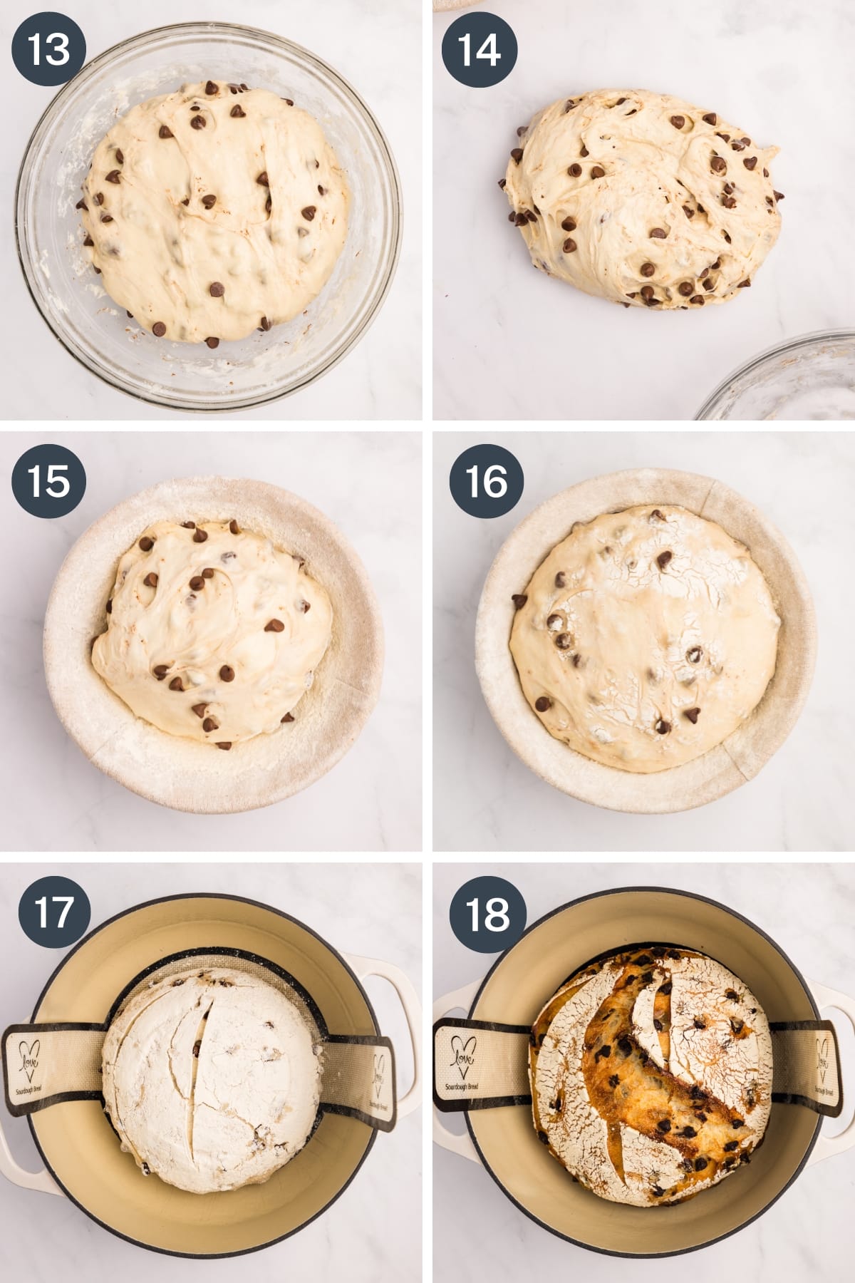 Adding a chocolate chip sourdough bread dough to a banneton basket, then after proofing adding it to a Dutch oven.