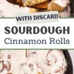 Lifting a cinnamon roll from a skillet full of sourdough cinnamon rolls.