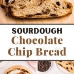 A loaf of chocolate chip sourdough bread sliced into ½ inch thick pieces.