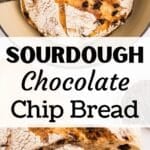 A boule of sourdough bread dotted with chocolate chips.
