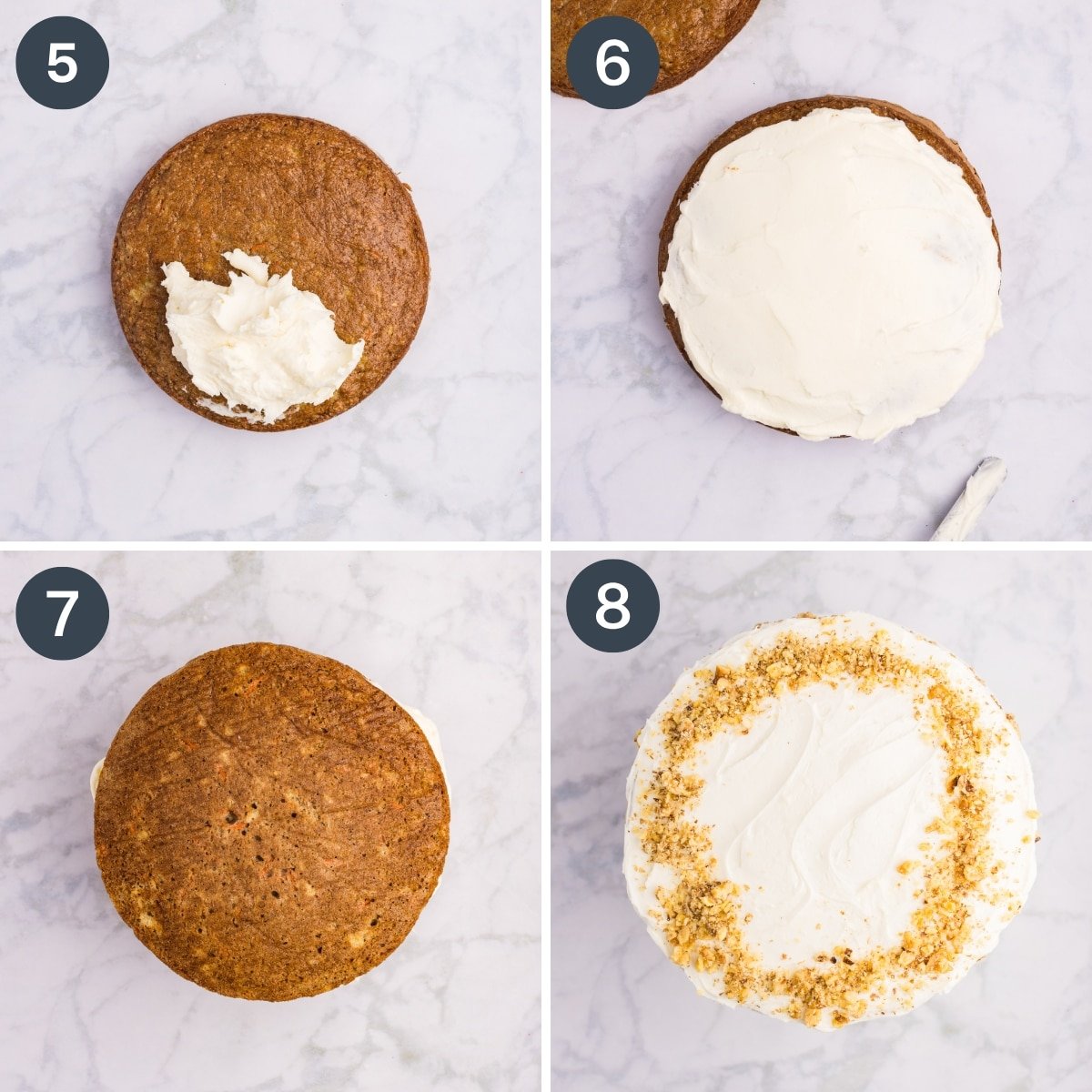 Spreading cream cheese frosting onto a layer cake.