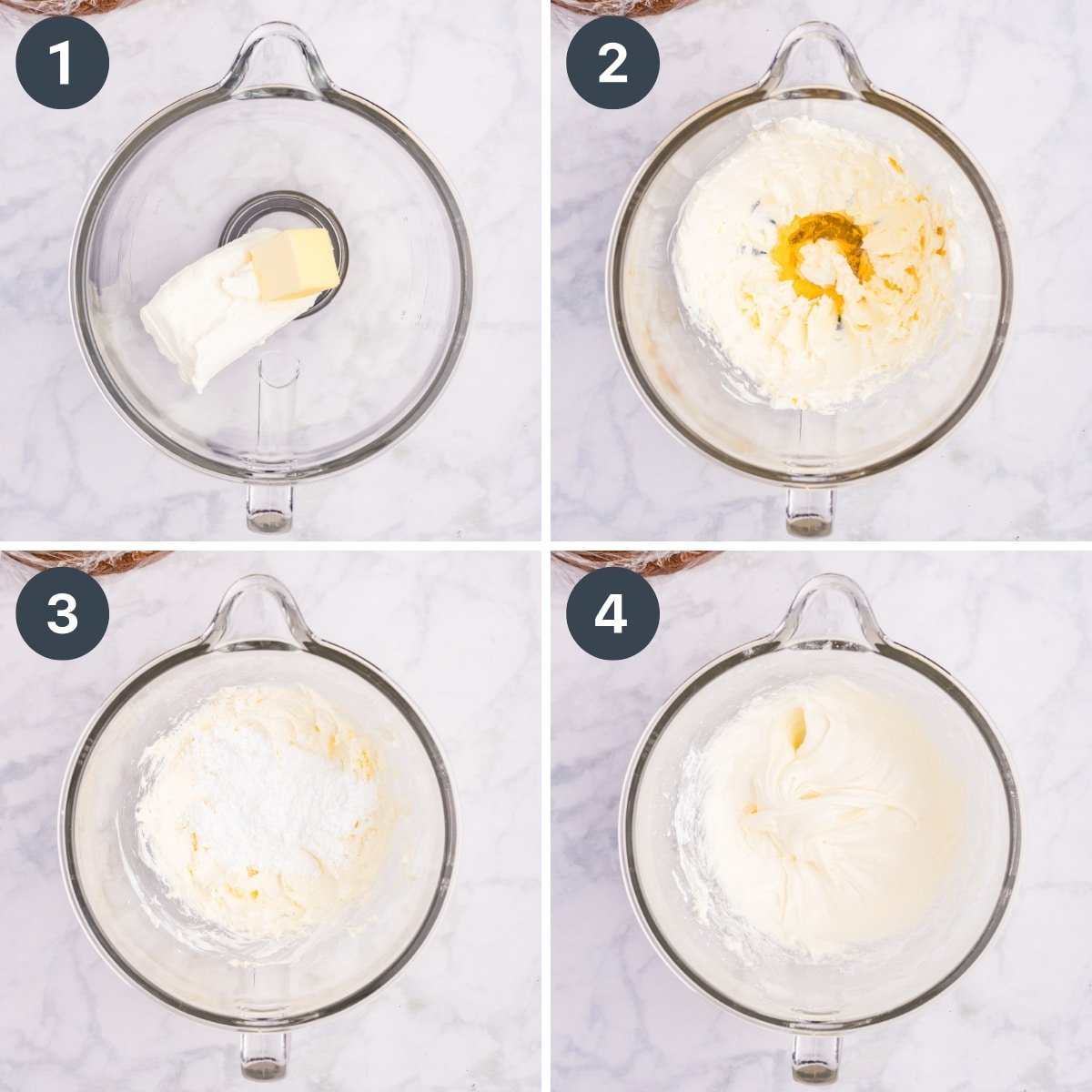 Mixing together cream cheese with powdered sugar to make frosting.
