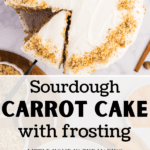 A round cake topped with cream cheese frosting, with a slice of cake removed.