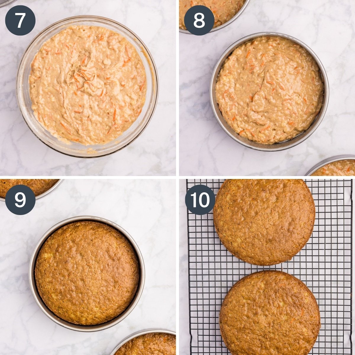 Adding carrot cake batter to cake pans and cooking until baked through .